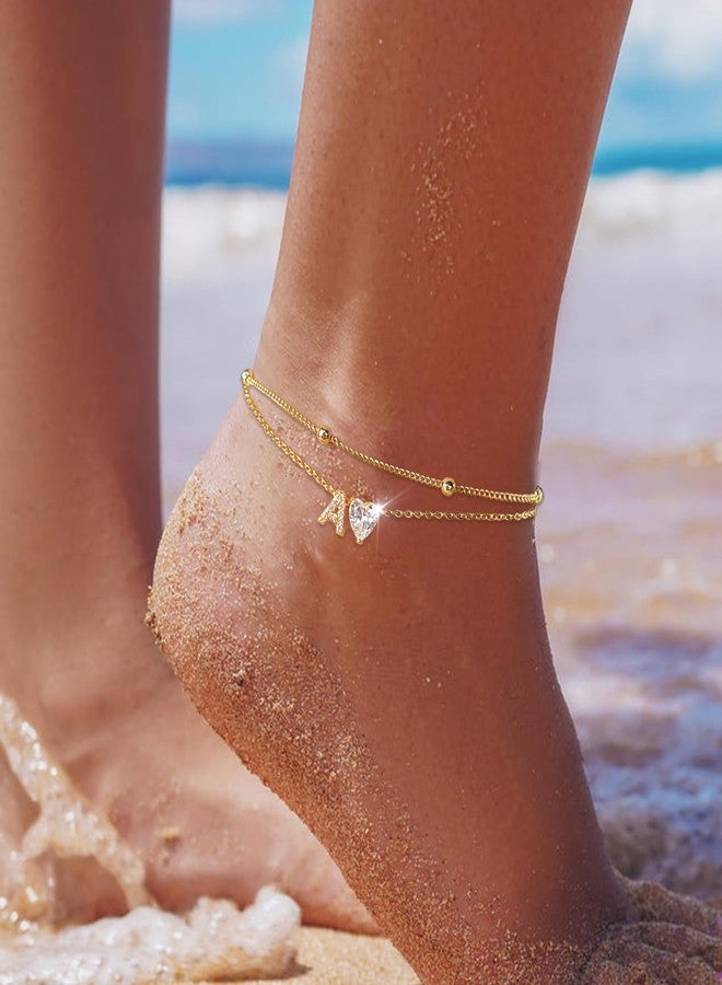 MYYOII Ankle Bracelets for Women Waterproof 14K Gold Plated CZ Initial Anklet for Women Dainty Layered Letter Heart Ankle Bracelets Handmade Adjustable Foot Chain Anklet Summer Beach Jewelry J - Image 2